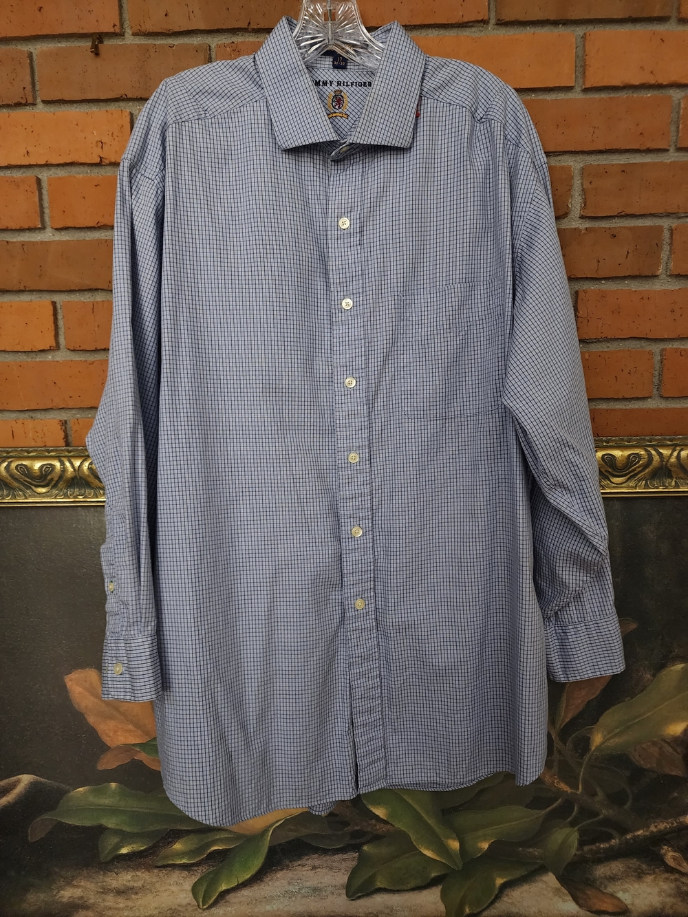 Tommy Hilfiger Light Blue Micro-Check Long Sleeve Dress Shirt Size 17